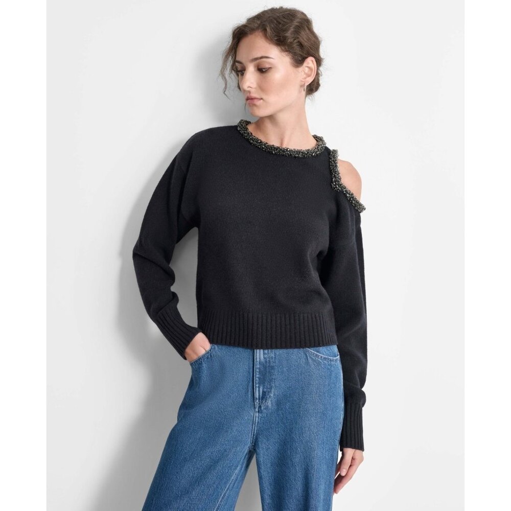 DKNY *Defect* Embellished Cold-Shoulder Long-Sleeve Sweater Black Size M $199